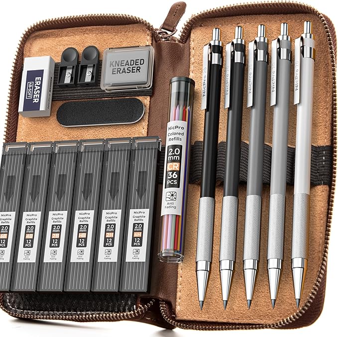 Nicpro 17PCS Metal 2mm Mechanical Pencil Set in Leather Case, 5 PCS 2.0 mm Lead Pencil Holders (4B 2B HB 2H 4H) 6 Tube Black Colored Lead Refills, Erasers, Sharpener For Art Drafting Sketching Drawing