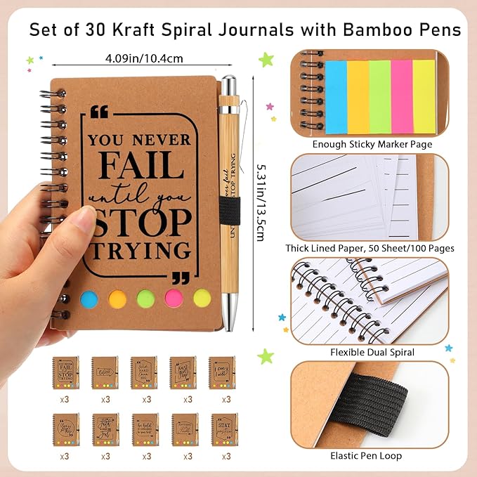 Tenceur Back to School Inspirational Gifts Bulk Employee Appreciation Spiral Notebook with Journals Sticky Note Pen Motivational Thank You Gifts for Teacher Students Team Coworkers Staff(30 Sets)