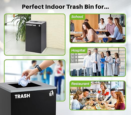 Alpine Commercial Indoor Recycle Bin - 29 Gallon Modern Looking Black Recycle Bin, Office Recycling Bins, Metal Trash and Recycling Container with Stickers & 3 Optional Lids (lid Sold Separately)