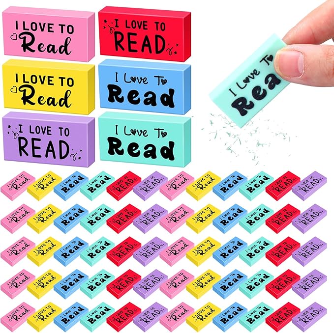 200 Pcs Inspirational Erasers for Kids Back to School Gifts I Love to Read Small Colorful Pencil Erasers for Students Classroom Cute Motivational Gift for Drawing School Office Supplies
