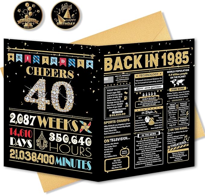 40th Birthday Card, 40th Birthday Gifts Women Men, 40th Birthday Decorations for Him Her, Back in 1985 Birthday Card, Black Gold