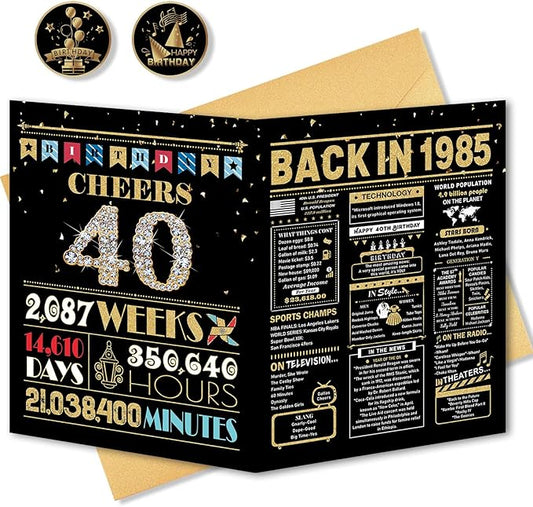 40th Birthday Card, 40th Birthday Gifts Women Men, 40th Birthday Decorations for Him Her, Back in 1985 Birthday Card, Black Gold