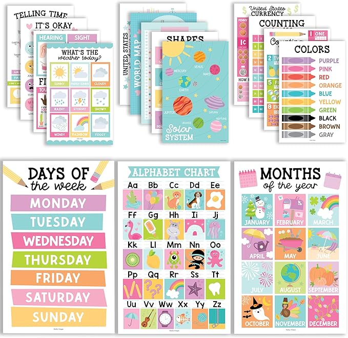 Hadley Designs 16 Educational Posters for Classroom & Kindergarten, Kindergarten Classroom Must Haves, Laminated PreK Learning Chart Materials US & World Map, ABC Alphabet, Shapes, Days of the Week