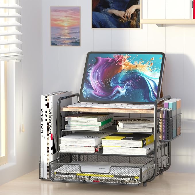 2025 New Large Capacity Desk Organizer with Drawer, Wooden 4-Tier Paper Organizer Letter Tray with File Holder and Pen Holders, Wooden Desk Accessories for A4 Paper Work Folder Storage (Style1)