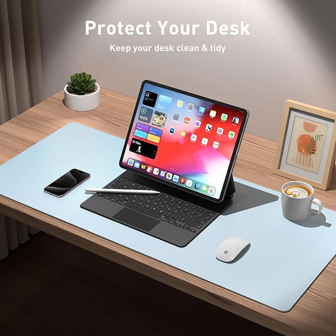 Aothia Leather Desk Pad Protector, Mouse Pad, Office Desk Mat, Non-Slip PU Leather Desk Blotter, Laptop Desk Pad, Waterproof Desk Writing Pad for Office and Home (31.5" x 15.7",Baby Blue)