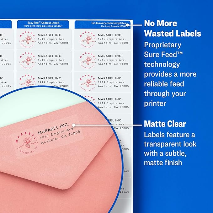 Avery Matte Clear Address Labels, Sure Feed Technology, Inkjet, 1" x 2-5/8", 750 Labels, 5 Packs (8660)