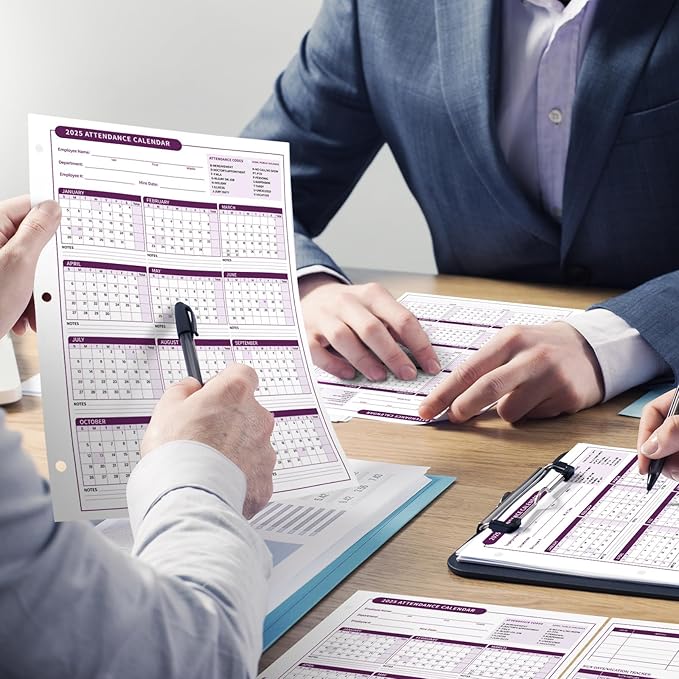 ReliThick 50 PCS 2025 Attendance Calendar Card Stock Paper 2025 Attendance Sheets for 3 Hole Binder Employee Record Folders for Manager, HR, Store Location Managers(Purple)