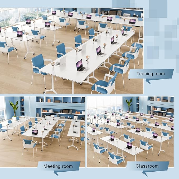 6Pack Folding Conference Room Table, Modern Conference Tables with Silent Wheels, Large Rectangular Mobile Training Tables for Office Classroom, Foldable Modular Seminar Table White (L47.2in)