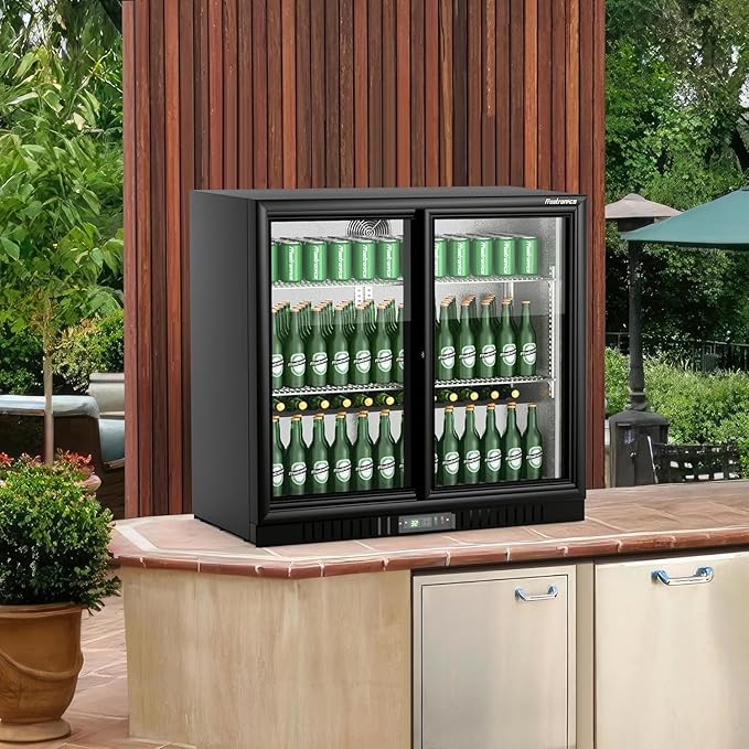 36 Inch 228 Cans Double Door Back Bar Beverage Cooler, 6.5 cu. ft. Under Counter Glass Bar Fridge With Sliding Door, Lockable, 32-50F Display Refrigerator, ETL & NSF7 Certified