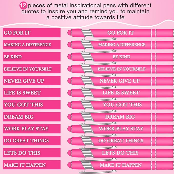 Zonon 12 Pieces Inspirational Pens Bulk Easter Basket Stuffers Motivational Quotes Ballpoint Pens with Stylus Tip Inspirational Gifts for School Office Teachers(Pink,Motivational Style)