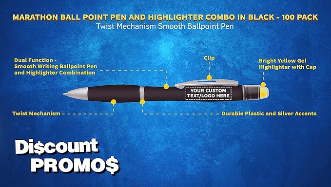 DISCOUNT PROMOS 100 Marathon Gel Highlighter Pens Pack - Customizable Text, Logo - Twist Mechanism, Ballpoint - Black