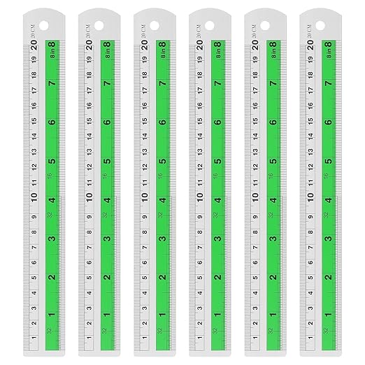HARFINGTON 6pcs Metal Straight Ruler 20cm Metric SAE Aluminum Alloy Measuring Rulers Scale Tool with Hole for Measure Study Reading Classroom Office, Green