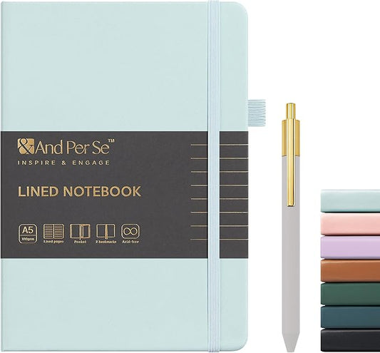 A5 Lined Leather Journal and Pen Set, Hardcover Notebook with Pen, 160 Pages 100gsm Thick Ruled Paper for Men Women, for Work, Business, School or Home Writing, 5.7'' x 8'' (Cyan-Set1)