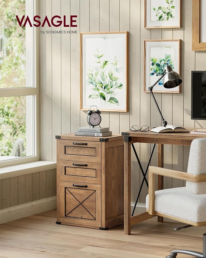VASAGLE File Cabinet, Filing Cabinet with 3 Drawers, Printer Stand, Fit A4, Letter Size, Hanging File Folders, Modern Farmhouse Style, for Home Office, Honey Brown UOFC054T41