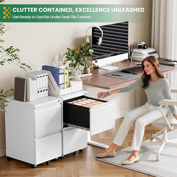 Mobile File Cabinet with Lock, 2 Drawer Under Desk Filing Cabinet with Wheels for Legal/Letter/A4 (Fully Assembled,White)