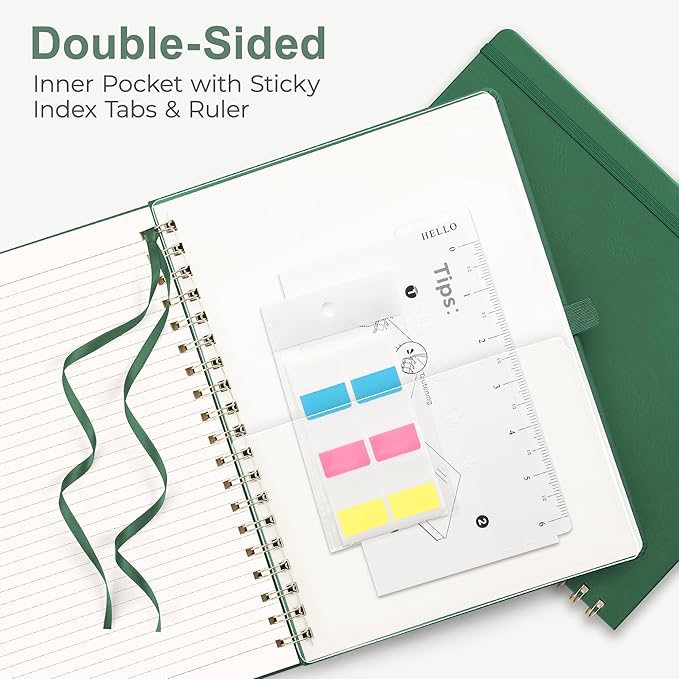 RETTACY Spiral Journal Notebook, 110 Numbered Pages, A4 Large Size (8.5'' x 11''), for Men & Women, Journaling, Writing, Work & Office, Leather Hardcover, 100 GSM Thick Paper (Dark Green)