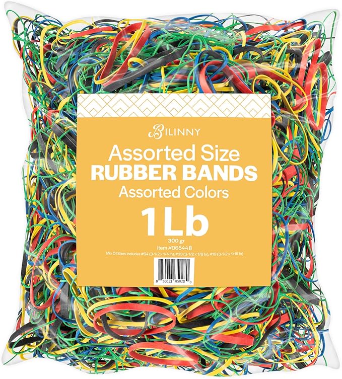 Rubber Bands Assorted Size & Color, Made In USA, 1 LB