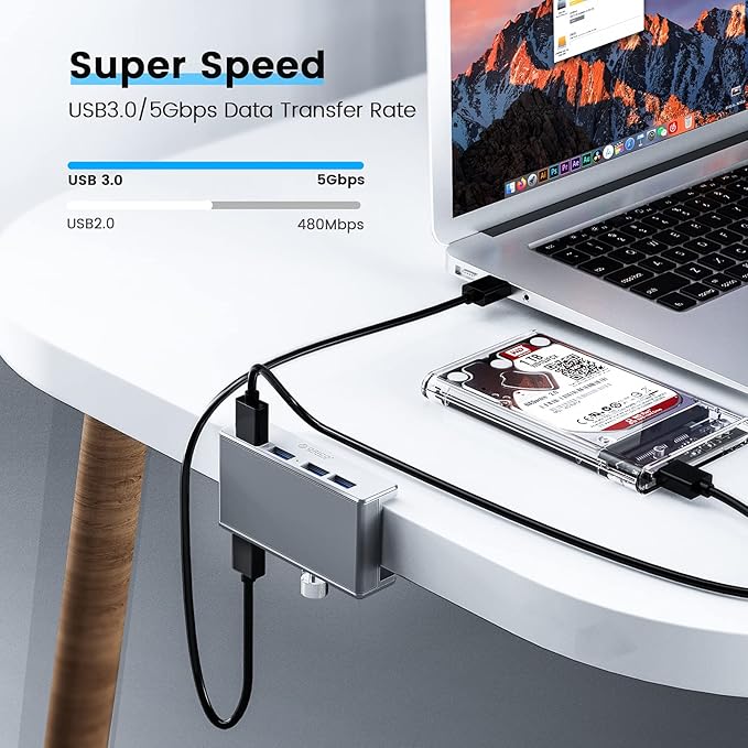 ORICO USB 3.0 Hub, USB Hub Clamp, Aluminum 4-Port USB Splitter with 4.92 FT USB Data Cable, Desktop Powered USB Hub for Monitors/Desks-Silver (Without Power Adapter)