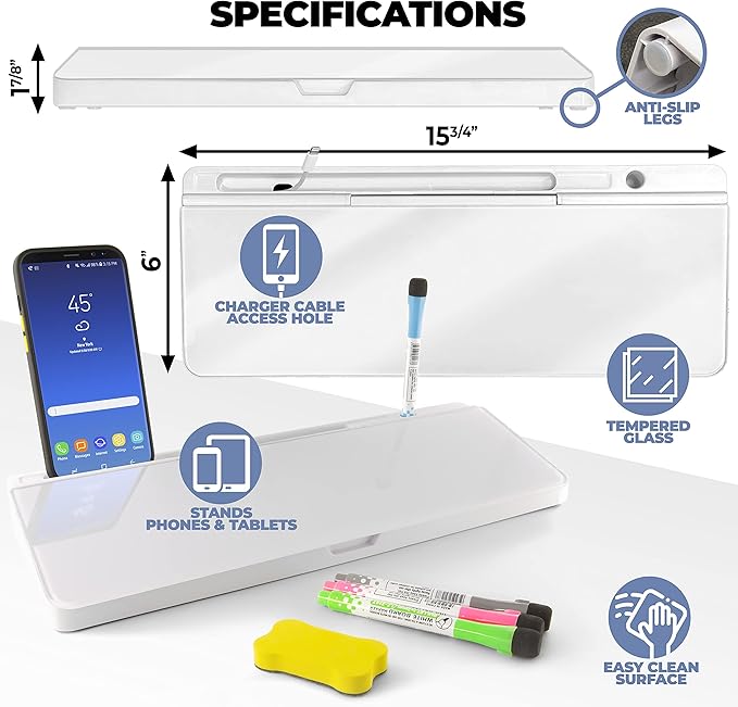 Desktop Whiteboard - Glass Dry Erase White Board - Desk Computer Buddy – Home Office & Studying Essentials - with Phone & Tablet Slot, Storage Compartment - Includes 4 Markers, 1 Eraser (2 Pack)