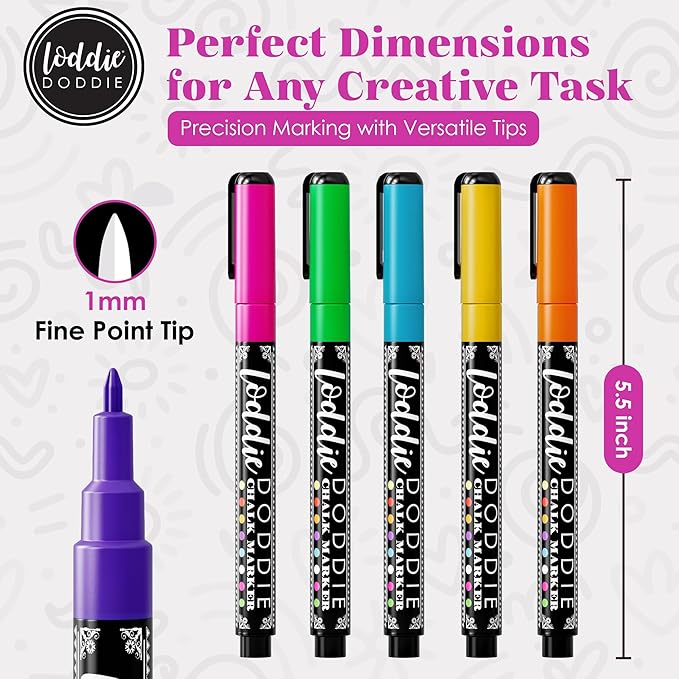 Loddie Doddie Fine Tip Liquid Chalk Markers - Pack of 8 1mm Neon Colors - Erasable Low-Odor Dry Erase Chalk Markers for Chalkboard, Blackboard & Glass