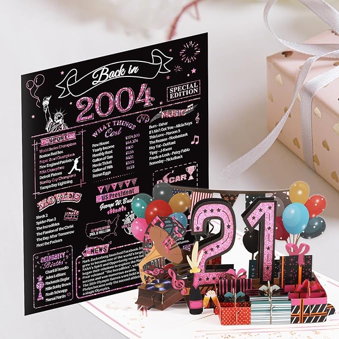 21st Birthday Card for Girls Her, Jumbo 3D Pop Up 21st Birthday Gifts, Back In 2004 Happy 21 Year Old Birthday Decorations Cards Card for Daughter Granddaughter, Rose Gold