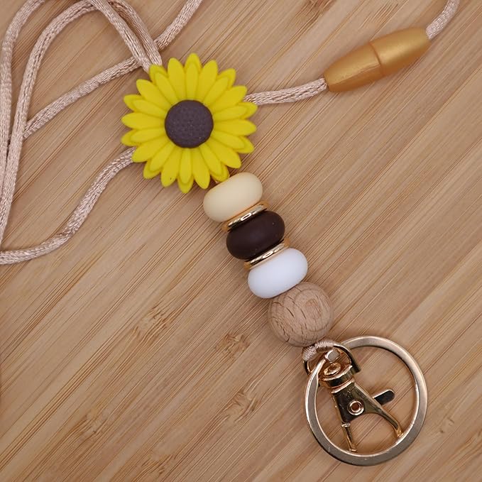 Flower Teacher Lanyards ID Badge and Key Chain, Cute Silicone Beads Lanyard for Women Nurse Work Student (Sunflower)