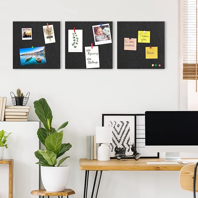 AKTOP Black Cork Bulletin Board 12x12, 1/2" Thick Felt Cork Board Tiles 12 Pack, Small Square Pin Board for Wall, Self Adhesive Corkboards with 120 Push Pin Wood Clips for School, Home & Office