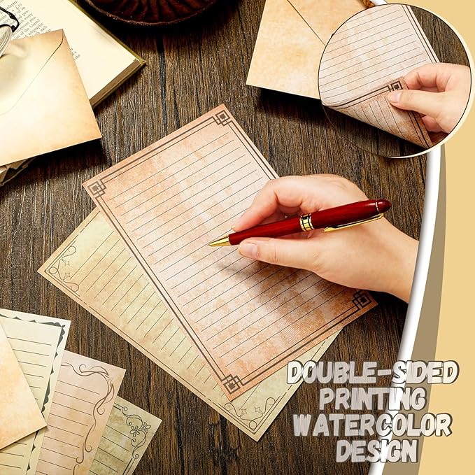 TaoBary 160 Packs Stationery Paper Set (50 Double Sided Stationery Writing Papers 50 Matching Envelopes) 60 Round Dot Sticker, 10 Design(Vintage,5.5 x 8.25 Inch)