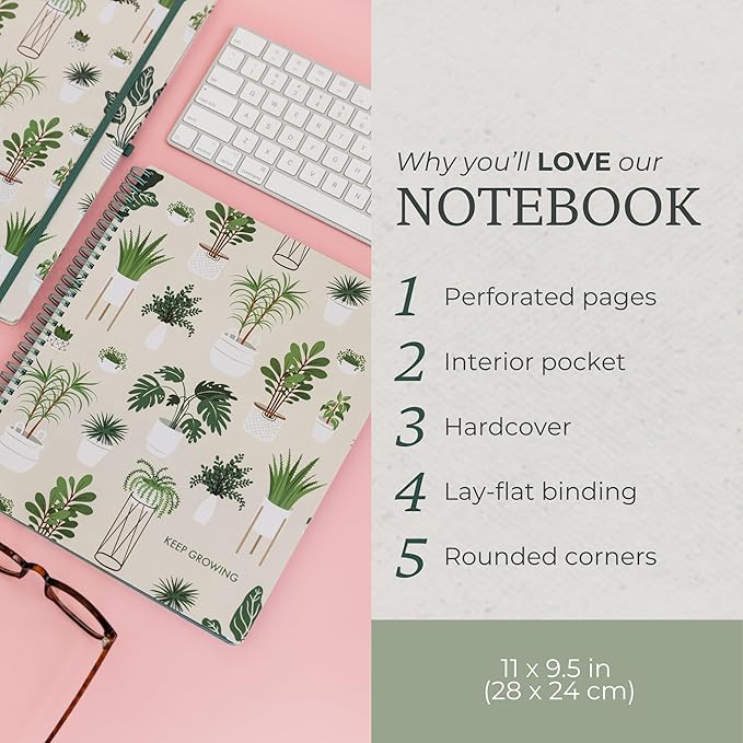 Steel Mill & Co Cute Large Spiral Notebook College Ruled, 11" x 9.5" with Durable Hardcover and 160 Lined Pages (Sage Plants)