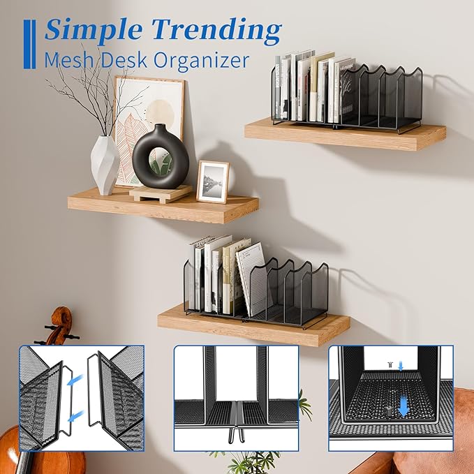 Simple Trending Mesh Desktop File Sorter Organizer, 7 Section Bookshelf For Desk Home Office, Black