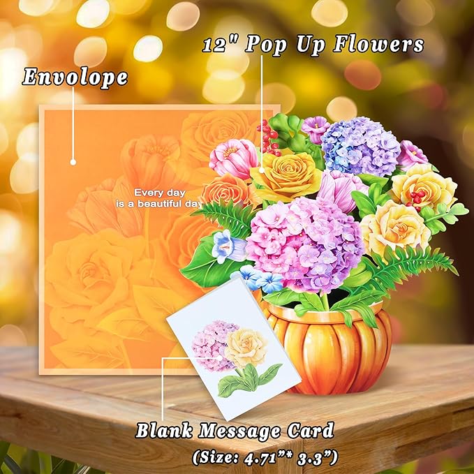 Airpark Paper Flower Pop Up Cards, 12'' Rose Hydrangea Bouquet, Paper Flowers 3D Greeting Cards with Blank Note Card & Envelope for Birthday, Annivesary, Easter Cards Gifts for Women Kids