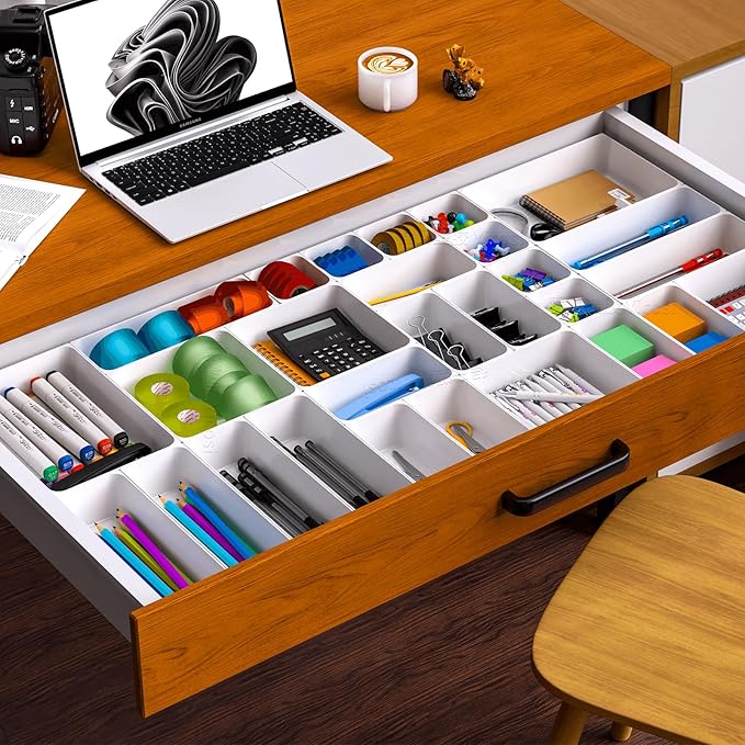 25 pc Plastic Drawer Organizer Set,4 Size Small Storage Containers for Organizing Jewelry,Utensil,Junk,Tea,Makeup,Shallow Drawer Organizers Tray Suitable for Office,Desk,Bathroom,Vanity,Kitchen,White