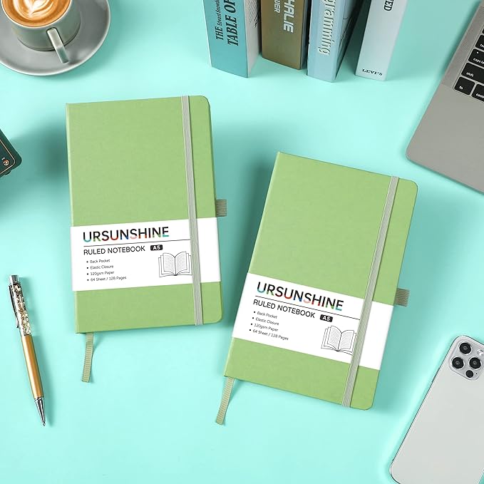 Ruled Notebook/Journal - Classic Lined Journal/Notebook, 5.3'' x 8.26'', Hardcover with Thick Paper, Banded + Pen Holder +Inner Pocket - Light Green