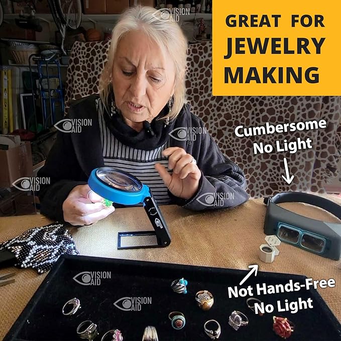 VISION AID 30X Hands-Free Magnifying Glass with 21 LED Lights for Coins Jewelry Crafts Hobby 40X Loupe Handheld or Desktop Stand Magnifier for Seniors Reading Watch Repair Soldering Close Work