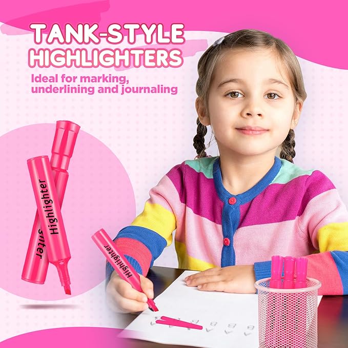 Qilery 72 Pack Highlighters Bulk, Tank Style Chisel Tip Highlighters Markers Quick Drying for Kids and Adult Coloring, Classroom Home Office School Supplies (Pink)