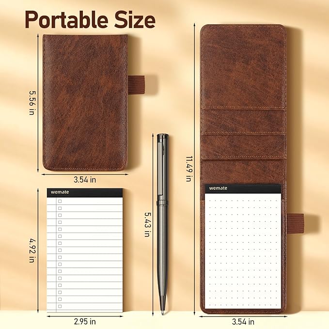 WEMATE 10 Pieces Notepad Holder Set Pocket Notebook - Included Mini Pocket Notepad Holder Set with 8 Memo Book Refills and Metal Pen for Meetings, Daily Records, and Notes 3 x 5 Inch (Brown)