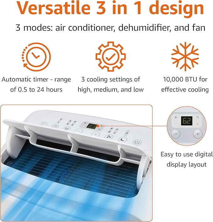 Amazon Basics 3-In-1 Portable Air Conditioner, 10000 BTU (ASHRAE), Cools Up to 450 Sqf, Portable AC with Cool/Dry (Dehumidifier)/Fan-Only Functions, Auto Mode, Sleep Mode, Timer, White