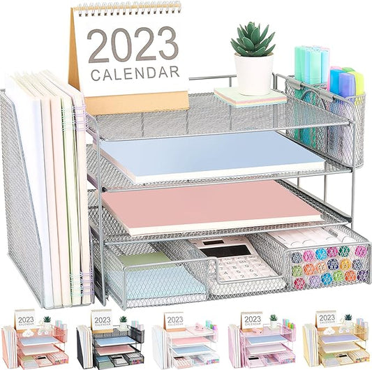 Desk Organizers and Accessories, Desk Accessories & Workspace Organizers for Office Supplies, File Organizer Desk Drawer Organizer with 2 Pen Holders, 4 Tier Paper Organizer for Desk(Grey)