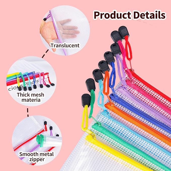 24pcs Mesh Zipper Pouch Bags - 8 Sizes Plastic Zipper Pouches for Organization, Mesh Bags with Zipper, Waterproof Clear Travel Pouches, UMETDO File Bag with Zipper for Office Supplies