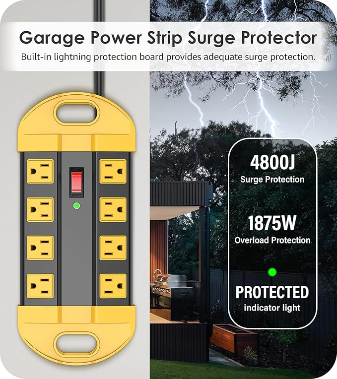 CCCEI Heavy Duty Power Strip Surge Protector, Metal 8 Outlets Power Strip for Appliance. Garage Shop Industrial Workbench 15 AMP Outlets Strip. 10FT Extension Cord, Yellow