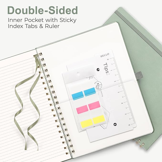 RETTACY Spiral Journal Notebook, 110 Numbered Pages, A4 Large Size (8.5'' x 11''), for Men & Women, Journaling, Writing, Work & Office, Leather Hardcover, 100 GSM Thick Paper (Light Green)