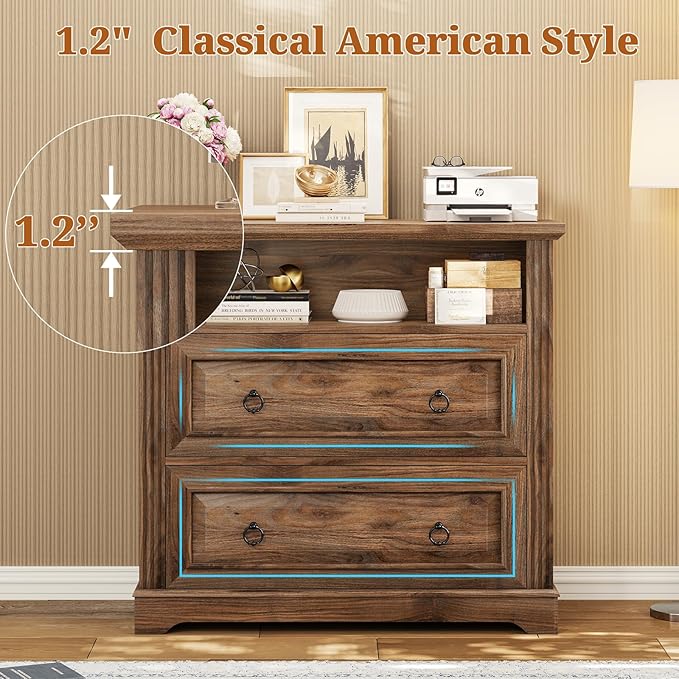Itaar 2 Drawer File Cabinet, Farmhouse Filing Cabinet for Home Office Fits Letter, Legal, A4 Size, Wood Lateral File Cabinet with Printer Stand, Storage Shelf, Brown