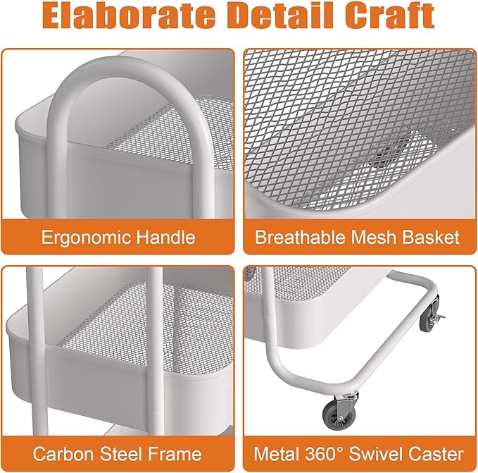 4-Tier White Rolling Cart,Metal Utility Rolling Cart with Handle,Steel Multifunction Rolling Carts with Wheels,Kitchen Storage Carts Suitable for Office,Home,Kitchen,Garden(13.4"x18.1"x40") White