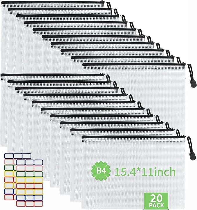 20 PCS B4-15.4×11Inch Plastic Mesh Zip File Bags, Waterproof Tear-Resistant Document File Folders, Zipper Documents Pouch Document Organizer Bags for School Office Home Travel Storage