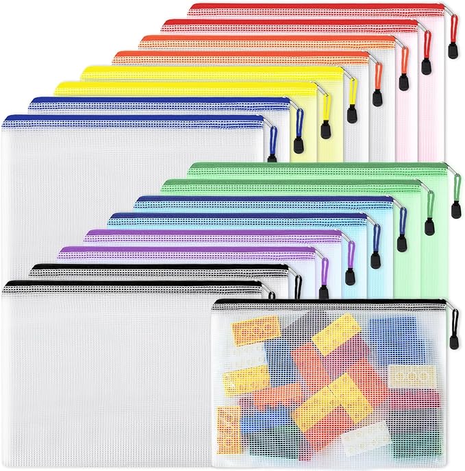 EOOUT 16pcs Mesh Zipper Pouch, Puzzles, Board Game Storage Bags for Organizing, Waterproof Zip File Bags, Letter Size, A4 Size, for School Office Supplies, Storage Bags, 8 Colors