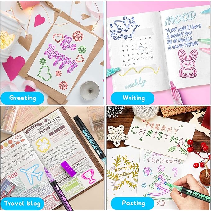 Hoxida Outline Marker Self-outline Metallic Markers, 12 Colors Double Line Outline Markers, Super Squiggles Shimmer Glitter Pen Set for Christmas Greeting Card, Kid Drawing, Doodling,DIY Art Crafts