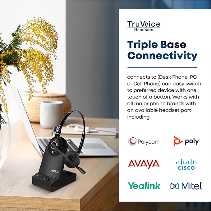 TruVoice Agent AW80 DECT 3-in1 Wireless NC Headset with EHS for Remote Answer - Compatible with Cisco IP Phones : 8851 8861 8865 8961 9951 9971 DX650 DX70 and Computer + Cell Phones