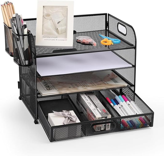 4-Tier Mesh Reader Desktop Accessory Storage,Desk File Organizer with A Sliding Drawer Two Pen Holders,Office Supplies Desk Organizer for Home Office