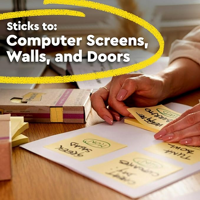 Post-it 100% Recycled Paper Super Sticky Notes, Canary Yellow, Lined, 4 in. x 6 in., 4 Sticky Note Pads, 45 Sheets per Pad, School Supplies and Office Products