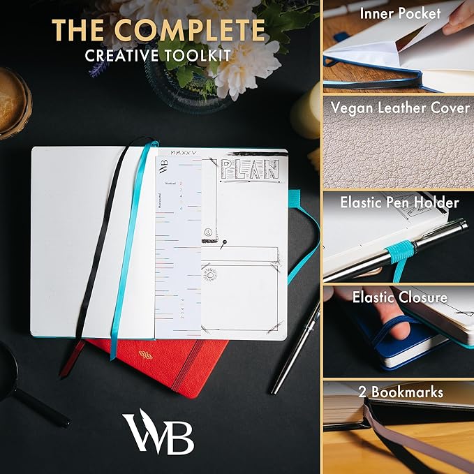 Wordsworth & Black A5 Bullet Dotted Journal 216 Dotted Pages, Hardcover Grid Dot Leather, 120 GSM Paper, Journaling Notebook for Work & Sketching, Journals for Women, Men - Gifts Box Included Red
